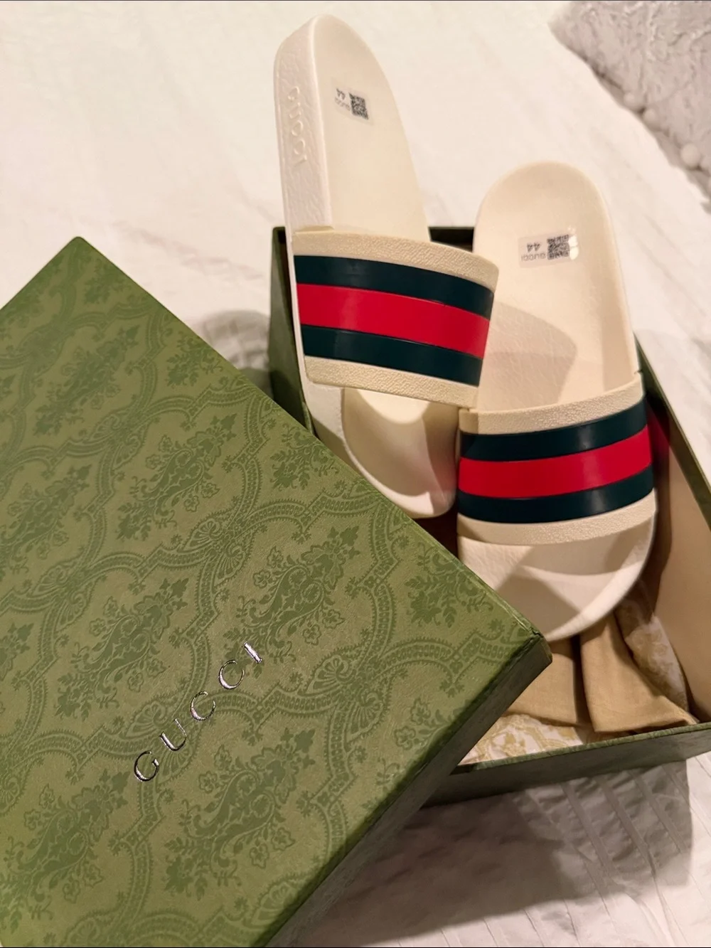 Gucci Ivory Slides with Red and Green signature Stripe
